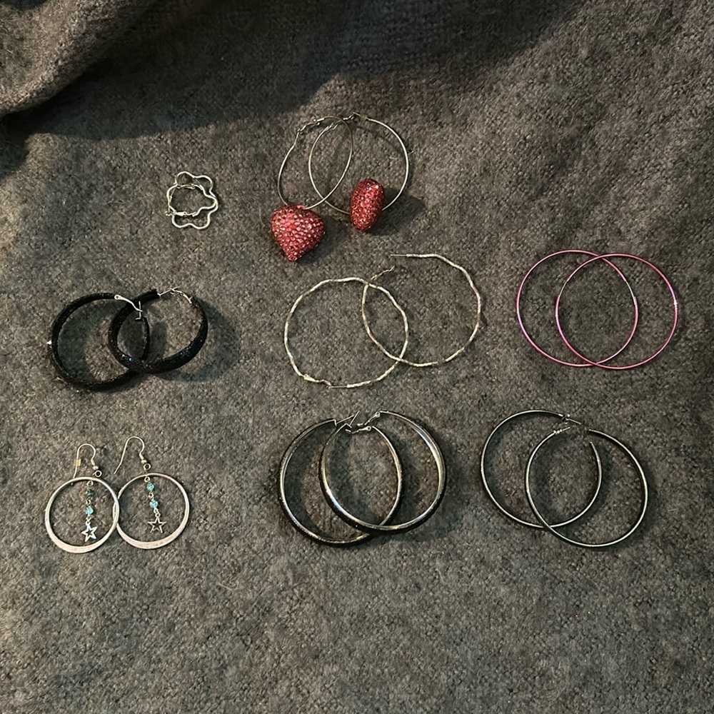 Vintage Brutalist Silver Tone Abstract Hoop Earring Lot Set 8 Pairs 1.5 to 2.5”